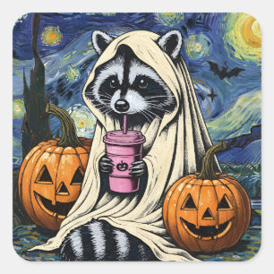 Fall Halloween Ghost Pumpkin Raccoon Costume Spook Square Sticker