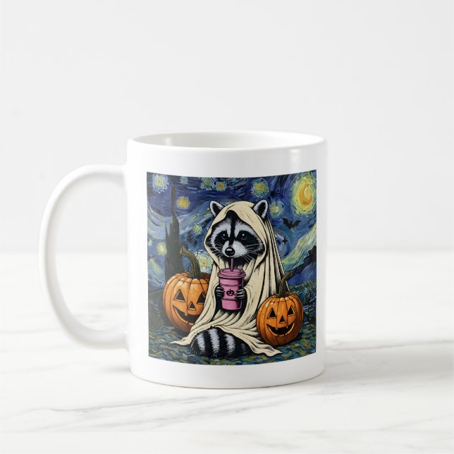 Fall Halloween Ghost Pumpkin Racoon Costume Spook Coffee Mug (Left)