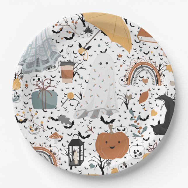 Fall Halloween ghost wrapping paper Plate (Front)