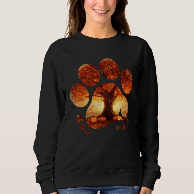 Fall Halloween Pumpkin Cat Dog Paw Print Sweatshirt (Front)