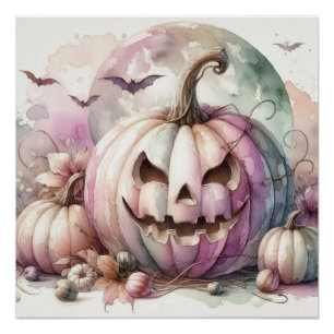 Fall Halloween pumpkins watercolor painting  Poster