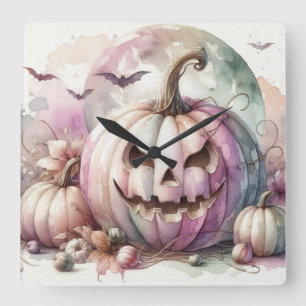 Fall Halloween pumpkins watercolor painting Square Wall Clock