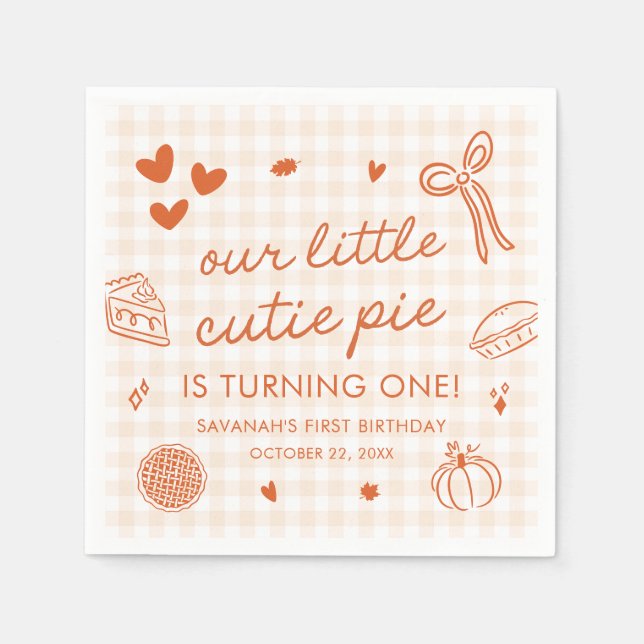 Fall Hand Drawn A Little Cutie Pie 1st Birthday Napkin (Front)