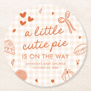 Fall Hand Drawn A Little Cutie Pie Baby Shower Round Paper Coaster