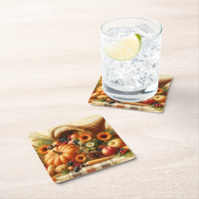 Fall Harvest Basket Square Paper Coaster (Insitu)