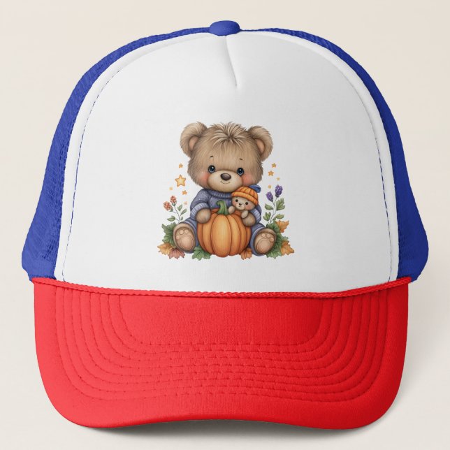 Fall Harvest Cute Teddy Bear Trucker Hat (Front)