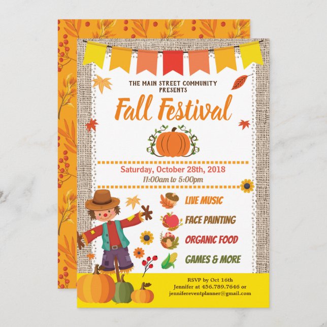 Fall harvest festival burlap pumpkin patch invitation (Front/Back)