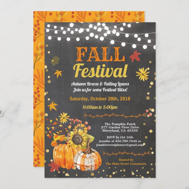 Fall harvest festival chalkboard pumpkin patch invitation (Front/Back)