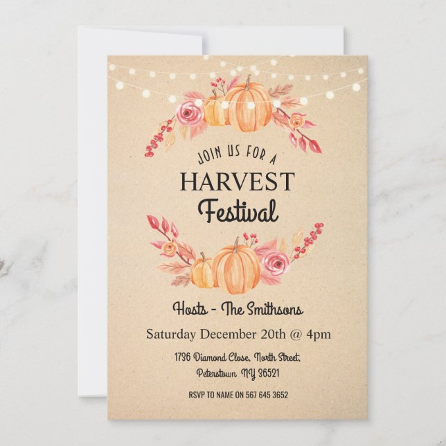 Fall Harvest Festival Pumpkin Floral Wreath Invite (Front)