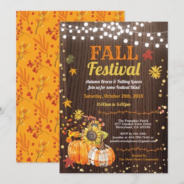 Fall harvest festival rustic wood pumpkin patch invitation (Front/Back)