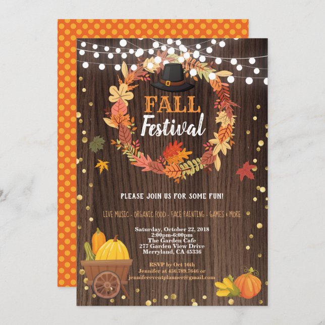 Fall harvest festival rustic wood thanksgiving invitation (Front/Back)
