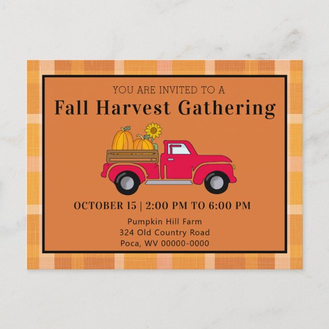Fall Harvest Gathering Country Truck Pumpkin  Invitation Postcard (Front)