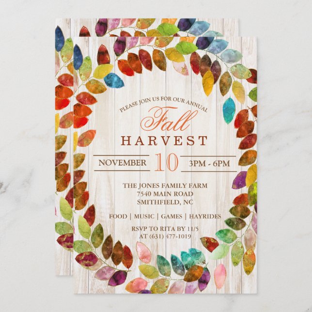 Fall Harvest Glitter Leaves Wreath Invitation (Front/Back)