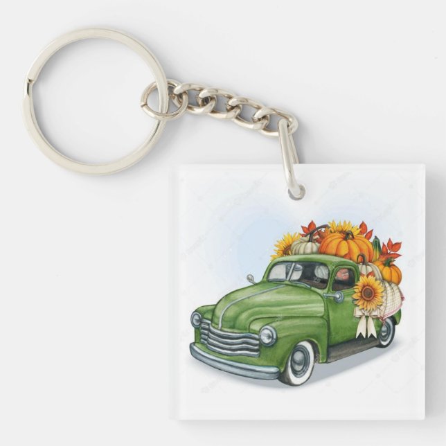Fall Harvest in a Green Truck     Keychain (Front)