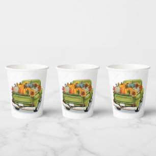 Fall Harvest in a Green Truck    Paper Cups