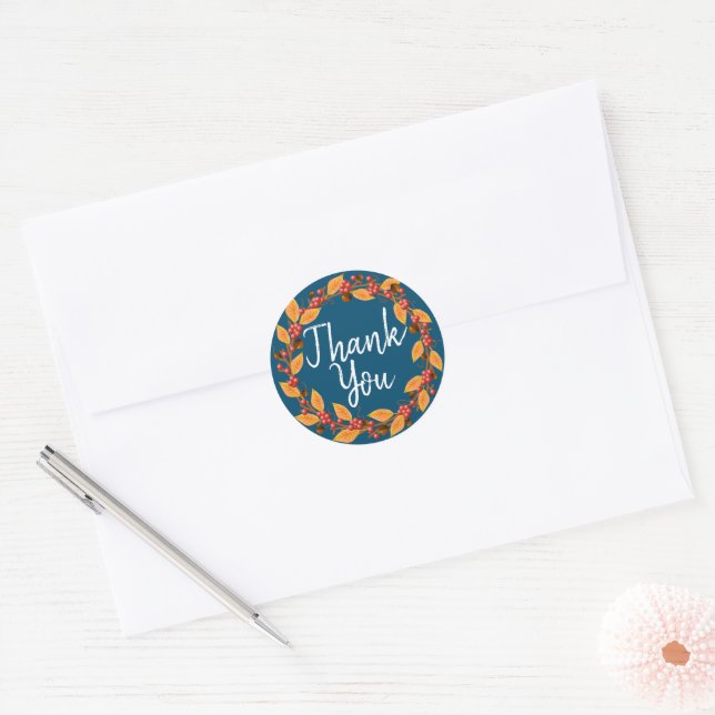 Fall Harvest Leaves Wreath Thank You Classic Round Sticker (Envelope)