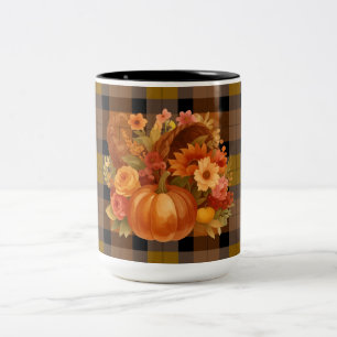 Fall Harvest Plaid With Seasonal Cornucopia  Two-Tone Coffee Mug