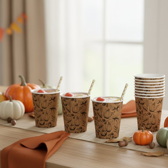 Fall Harvest Pumpkin Paper Cups (Thanksgiving Paper Cups. Burnt Orange Fall Harvest Pattern-Pumpkins, Autumn Leaves, Acorns, Berries)
