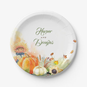 Fall Harvest Pumpkins and Sunflowers Rustic Paper Plate