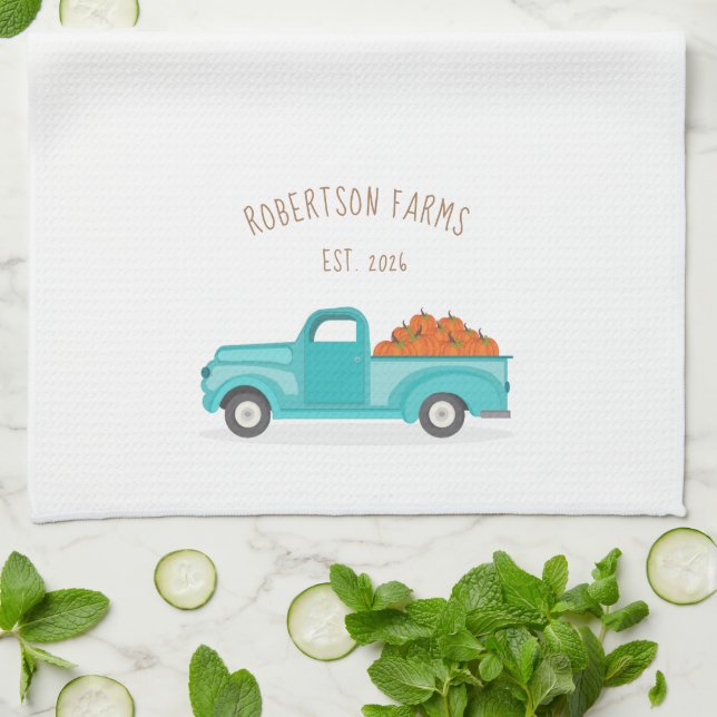 Fall Harvest Vintage Blue Truck Personalised Tea Towel (Folded)