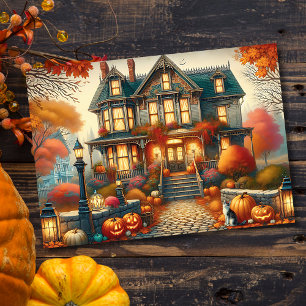 Fall Haunted House Pumpkin Halloween Holiday Card