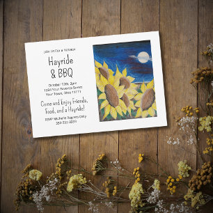 Fall Hayride Barbecue Rustic Sunflowers Folk Art Invitation