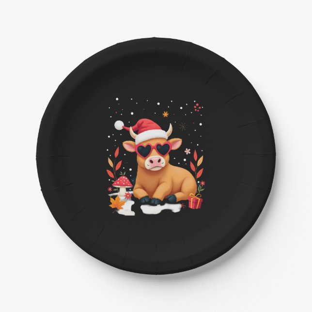 Fall Highland Cow Pumpkin Bow Christmas Girls Kids Paper Plate (Front)
