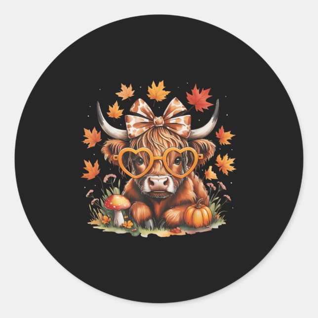 Fall Highland Cow Pumpkin Bow Thanksgiving Fall Gi Classic Round Sticker (Front)