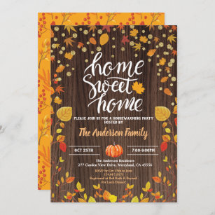 Fall housewarming party rustic wood pumpkin gold invitation