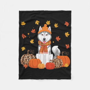 Fall Husky Pumpkins Leaves Autumn Halloween Thanks Fleece Blanket