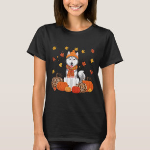 Fall Husky Pumpkins Leaves Autumn Halloween Thanks T-Shirt