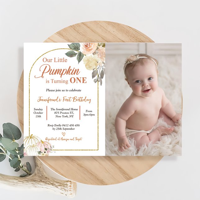 Fall in Love 1st Birthday Rust Flowers Pumpkin Invitation (Creator Uploaded)