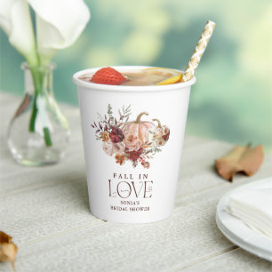 Fall in Love' Autumn Blooms Pumpkin Bridal Shower Paper Cups