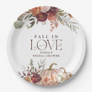 'Fall In Love' Autumn Blooms Pumpkin Bridal Shower Paper Plate