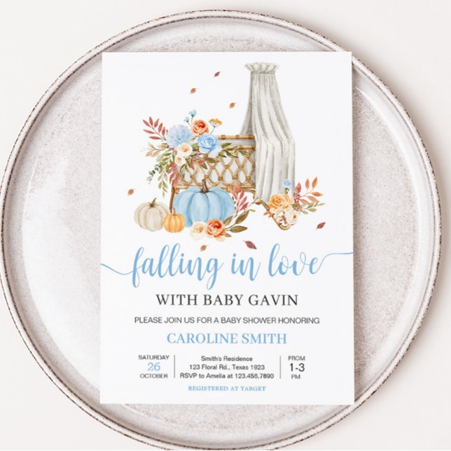 Fall in Love Autumn Blue Pumpkin Baby Shower Invitation (Floral Blue Pumpkin Baby Shower Invitation)