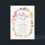 Fall in Love Autumn Bridal Shower Invitation<br><div class="desc">Modern fall bridal shower invitation framed by our exclusive hand-painted watercolor wreath with an autumnal theme. Text says "Fall in Love" in chic hand lettered type brush script typography. This comes with a matching pattern design on the back for an extra special touch.</div>