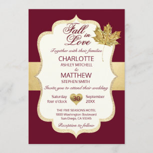 FALL IN LOVE Autumn Burgundy Gold Leaf Wedding Invitation