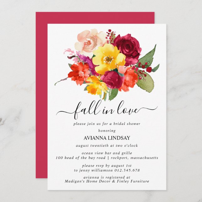 Fall in Love Autumn Colours Floral Bridal Shower Invitation (Front/Back)