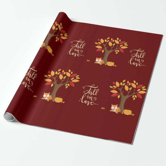 Fall in Love Autumn Design Fox Pumpkin Tree Wrapping Paper (Unrolled)