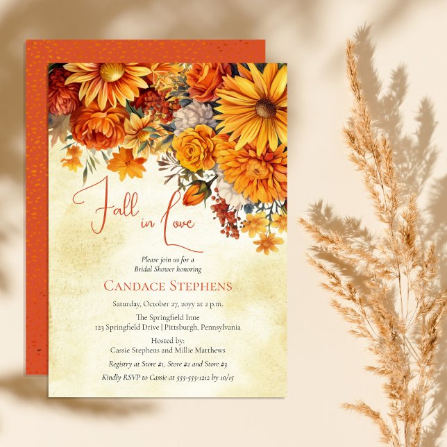 Fall in Love Autumn Floral Bouquets Bridal Shower Invitation (Fall in love with autumn's beauty. A bridal shower template featuring exquisite florals in warm hues)