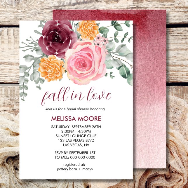 Fall in love autumn floral burgundy bridal shower invitation (Creator Uploaded)