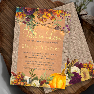 Fall in Love autumn floral burlap bridal shower Invitation