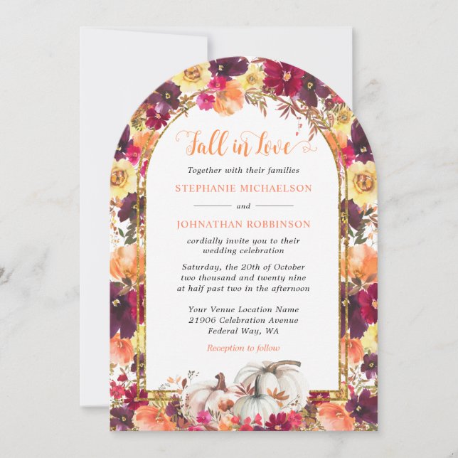 Fall in Love Autumn Floral Gold Arch Wedding Invitation (Front)