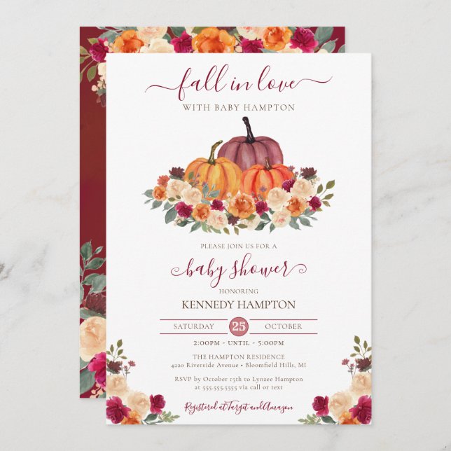 Fall in Love Autumn Floral Pumpkin Baby Shower Invitation (Front/Back)