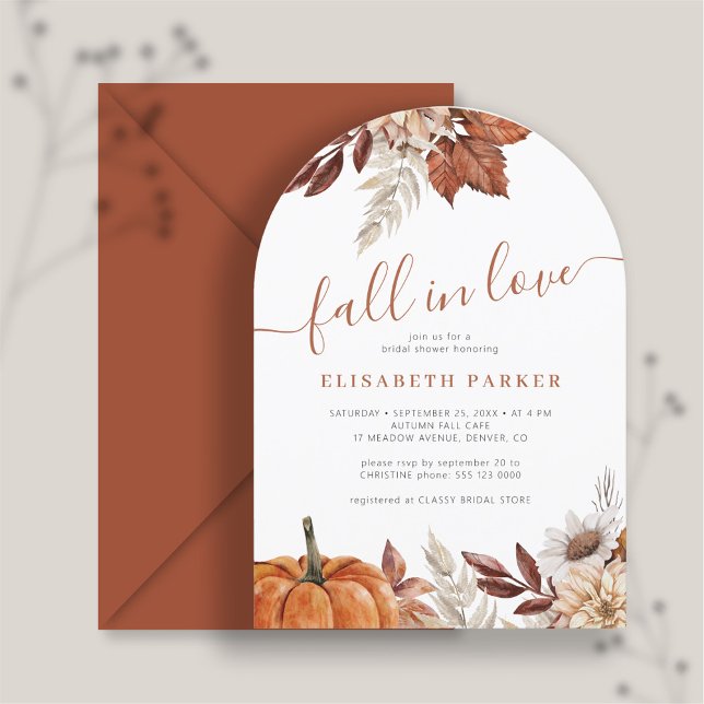Fall in love autumn floral pumpkin bridal shower invitation (You can choose the ARCH SHAPE option)