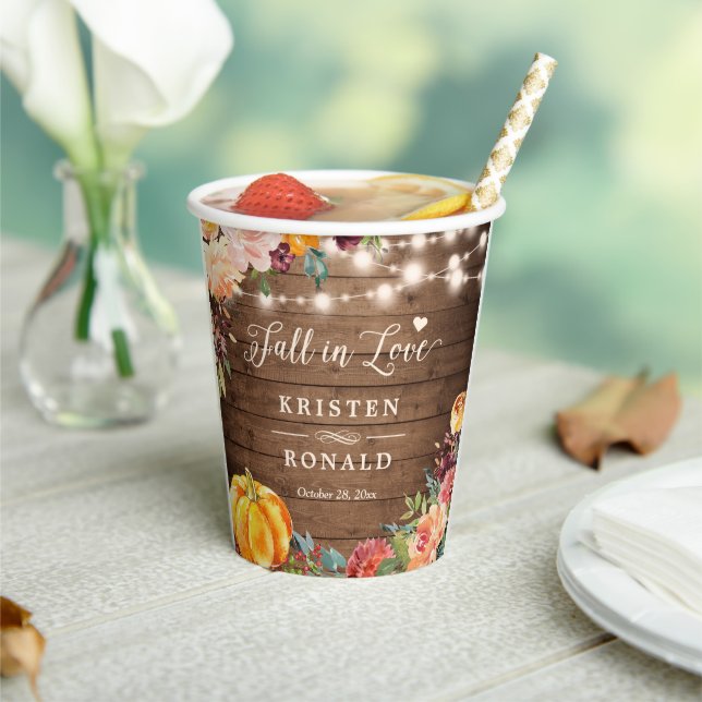 Fall in Love Autumn Floral String Lights Wedding Paper Cups (Insitu)