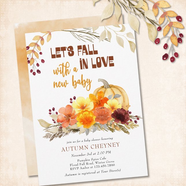 Fall in Love Autumn Flowers Pumpkin Baby Shower Invitation (Creator Uploaded)