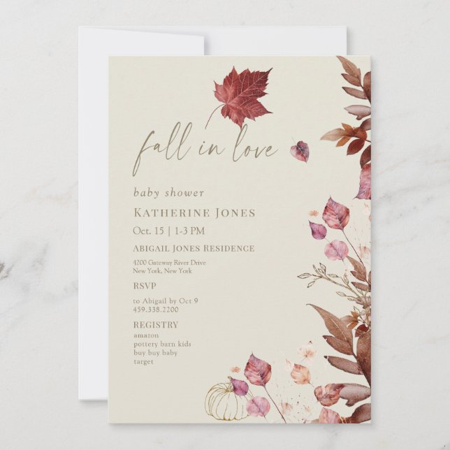 Fall in Love Autumn Foliage Beige Baby Shower Invitation (Front)