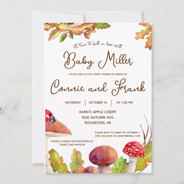 Fall In Love, Autumn Forest, Mushroom Baby Shower Invitation (Front)