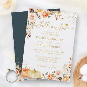 Fall in Love Autumn Gold Floral Pumpkin Wedding Invitation
